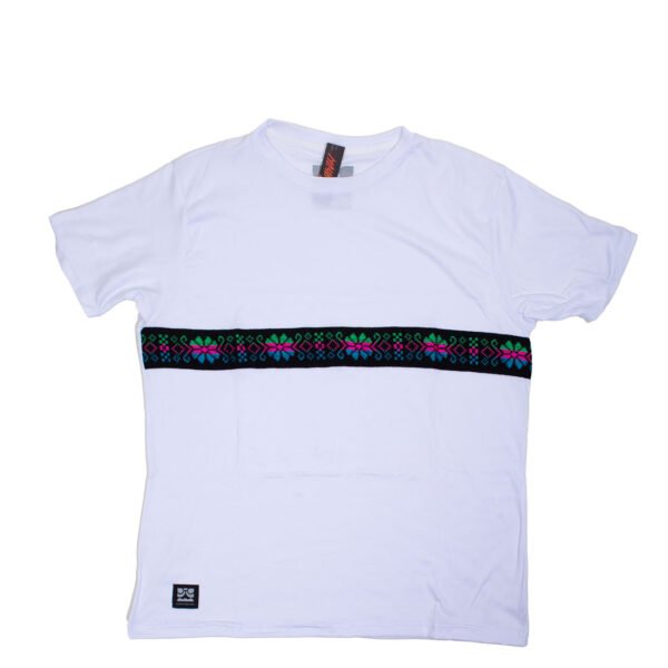Playera Mayas Blanca Cambaya flor azul, Rosa y verde