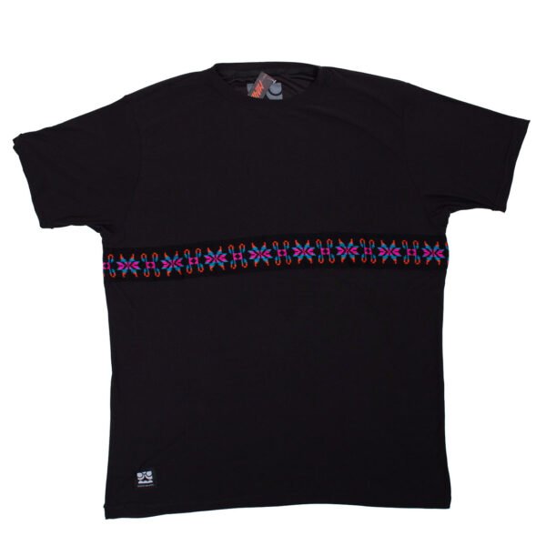 Playera Mayas Negra Cambaya Flor naranja, azul,rosa